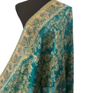 Teal Gold Floral Woven Shawl